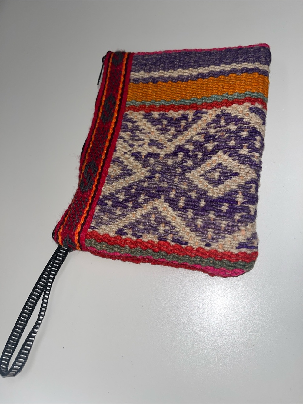Handwoven Multicolor Wool Wristlet Pouch - Purple & Cream